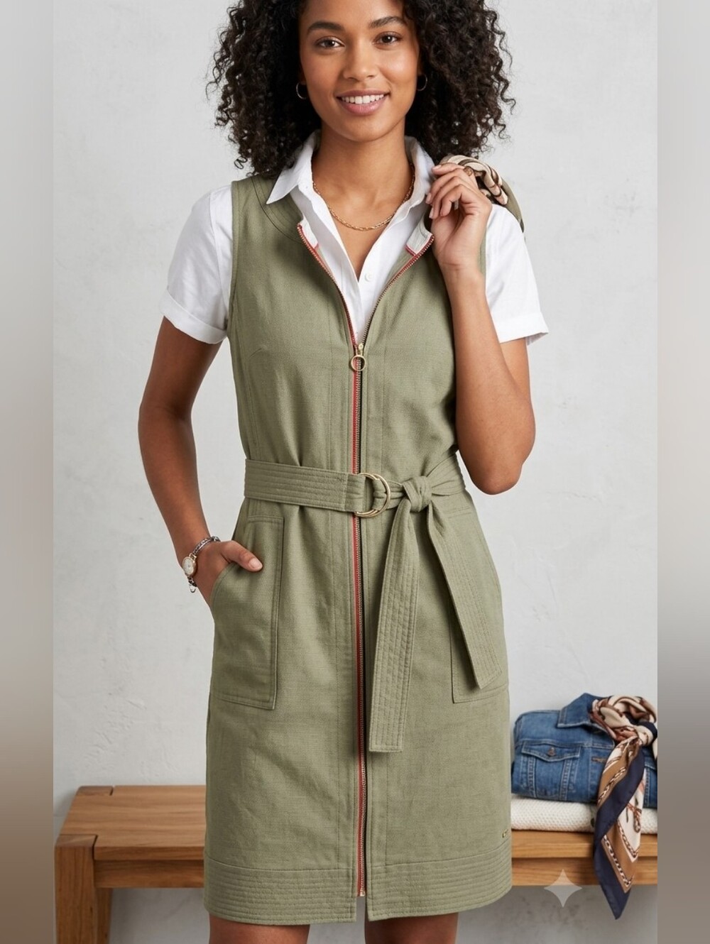 NWT Tommy Hilfiger Olive Green Zip Front Belted Safari Dress Size 14